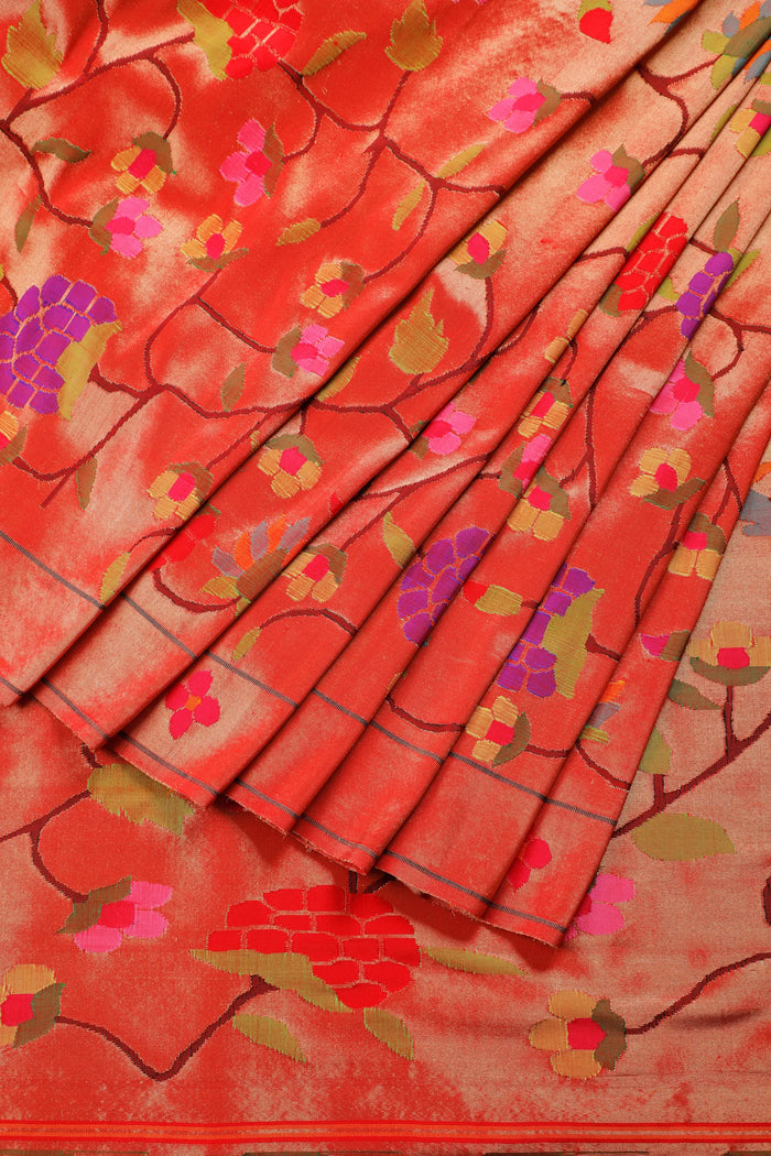 Red Pure Silk Handloom Tissue Paithani with All Over Design and Floral Border
