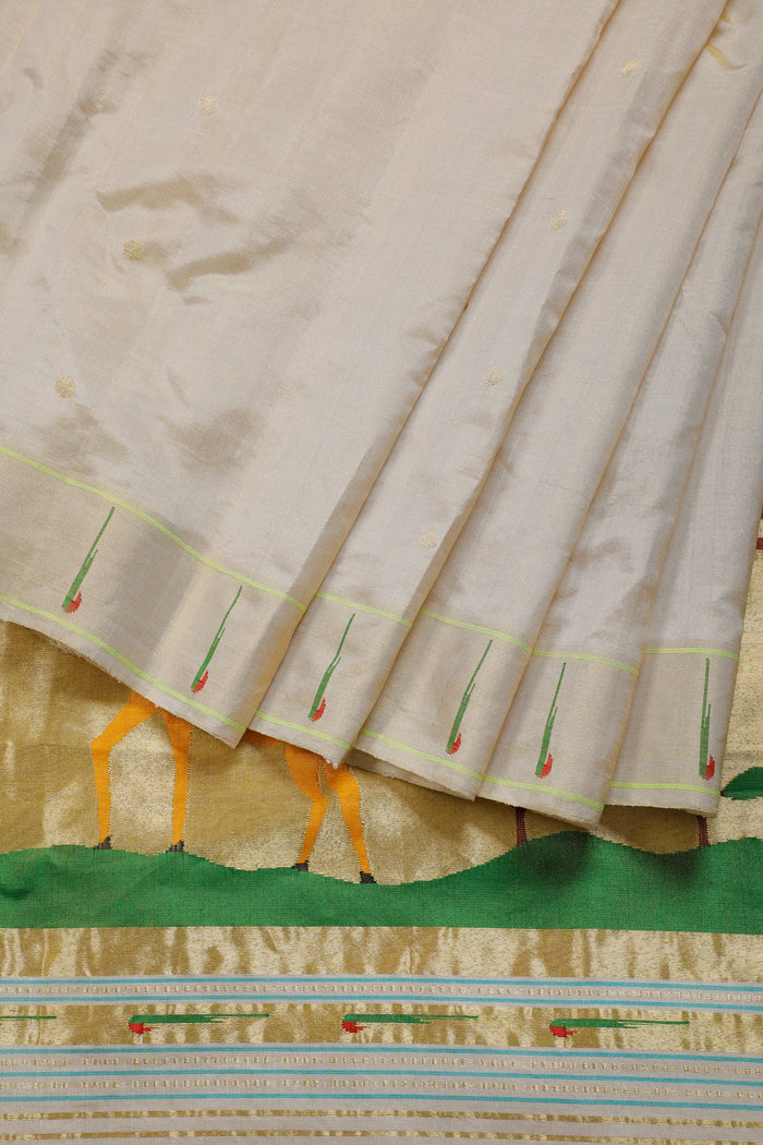 Ivory Pure Silk Handloom Tissue Paithani Saree with Deer Design