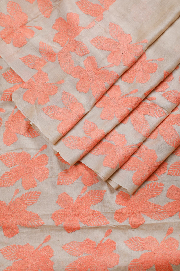 Beige Handloom Pure Silk Katha Work Saree with Red Hand Embroidery - detail 1