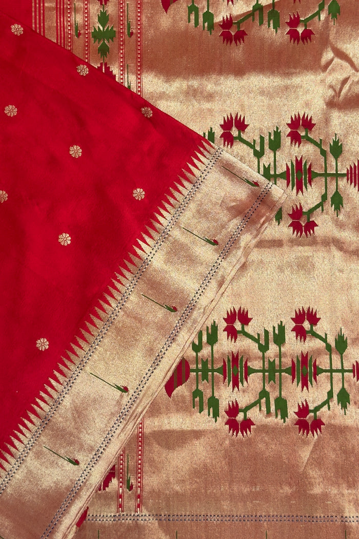 Red Handloom Paithani Muniya Asawali