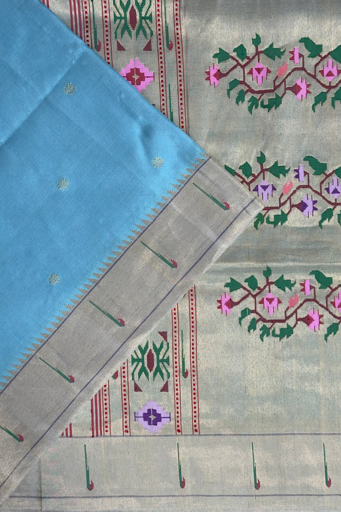 Sky Blue Handloom Paithani Muniya Asawali