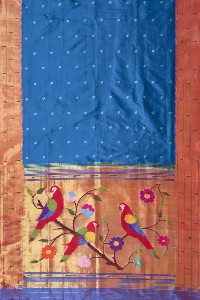Pecock Blue Handloom Triple Paithani Muniya Paithani