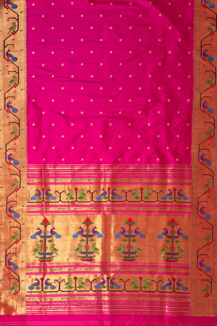 Hot Pink Handloom Brocade Peacock Border Paithani