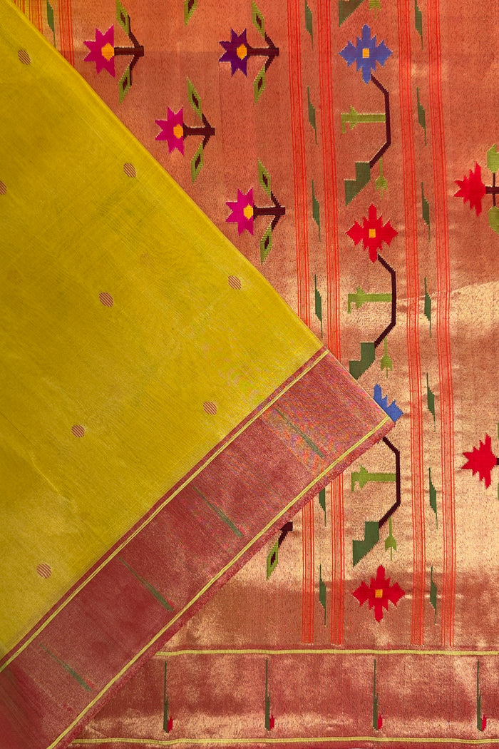 Lemon Yellow Pure Silk Handloom Tissue Paithani Saree