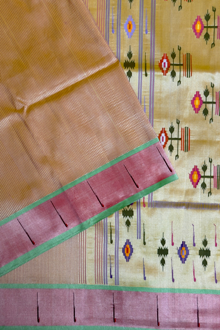 Lemon Yellow Pure Silk Handloom Striped Paithani Saree