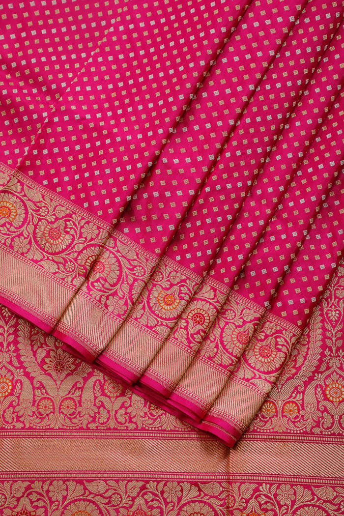 Hot Pink Real Zari Pure Silk Benarasi Saree - Revival Design with Hazaar Buttis