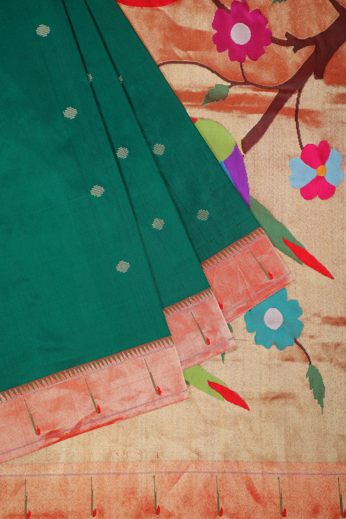 Bottle Green Handloom Pure Silk Muniya Paithani Saree