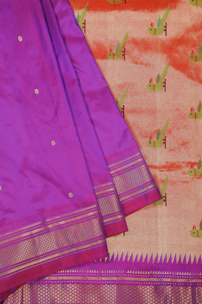 Purple Handloom Pure Silk Paithani Saree with Parrot Motifs - detail 2