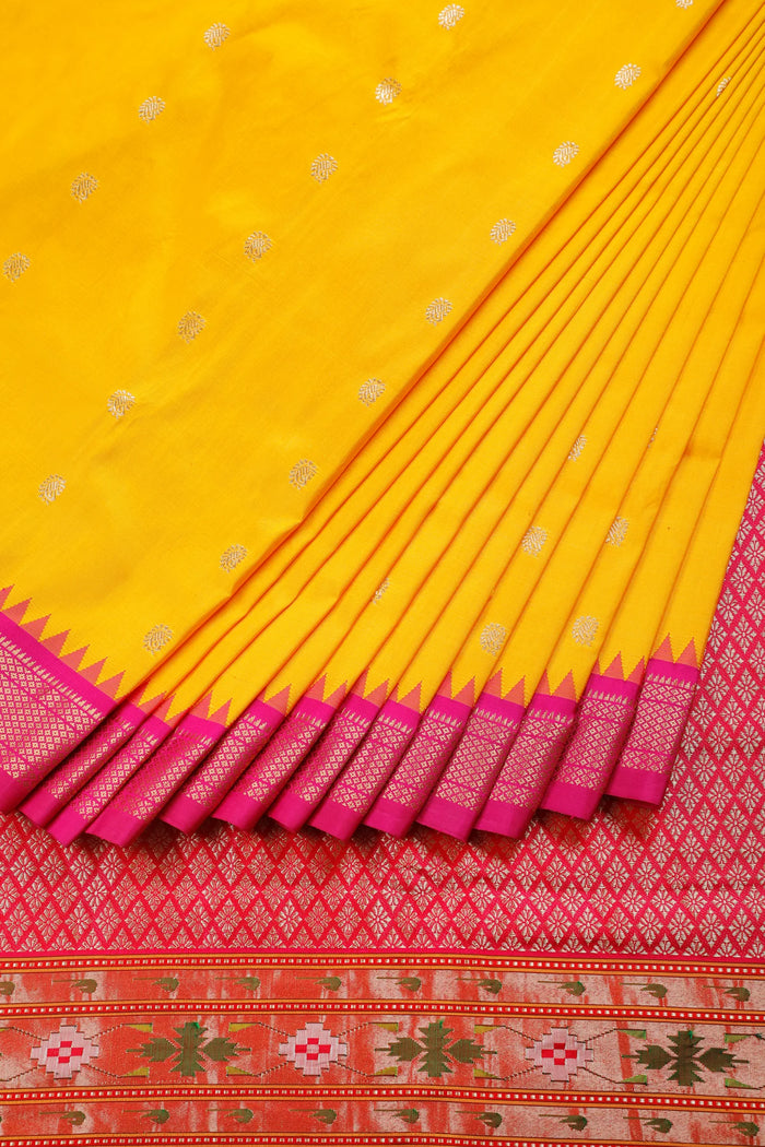 Mango Yellow Revival Pure Silk Handloom Paithani with Kadiyal Weave