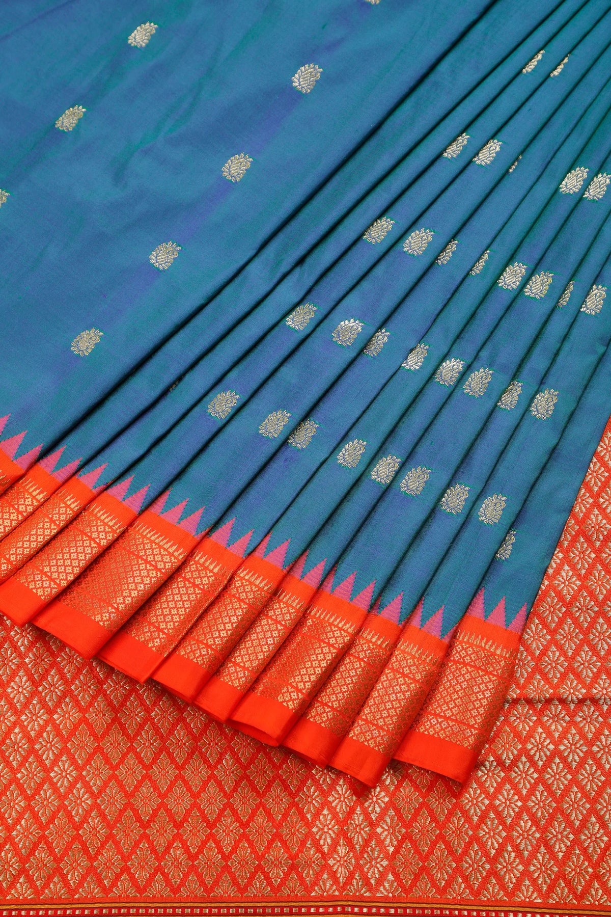 Peacock Blue Revival Pure Silk Handloom Paithani with Kadiyal Weave