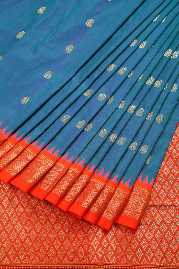 Peacock Blue Revival Pure Silk Handloom Paithani with Kadiyal Weave