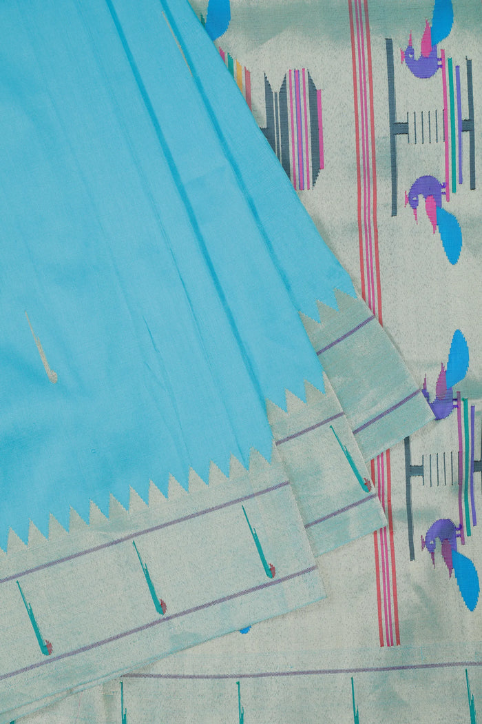 Sky Blue Handloom Pure Silk Muniya Paithani Saree