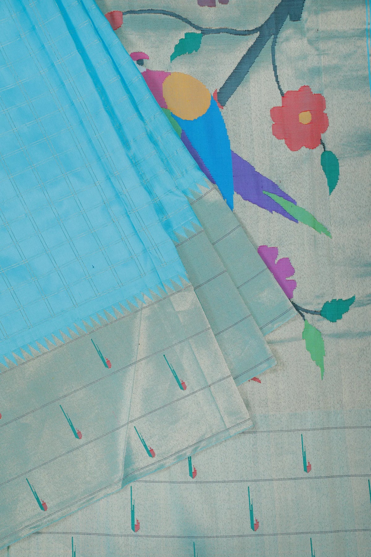 Sky Blue Pure Silk Muniya Paithani Saree