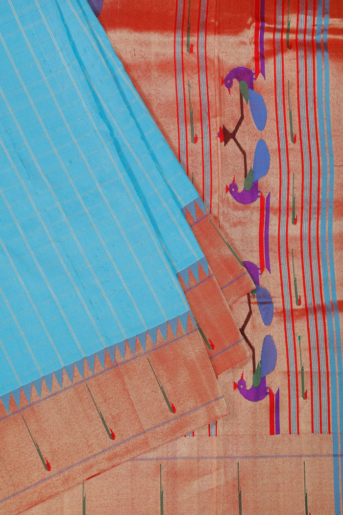 Sky Blue Handloom Pure Silk Muniya Paithani Saree with Checks
