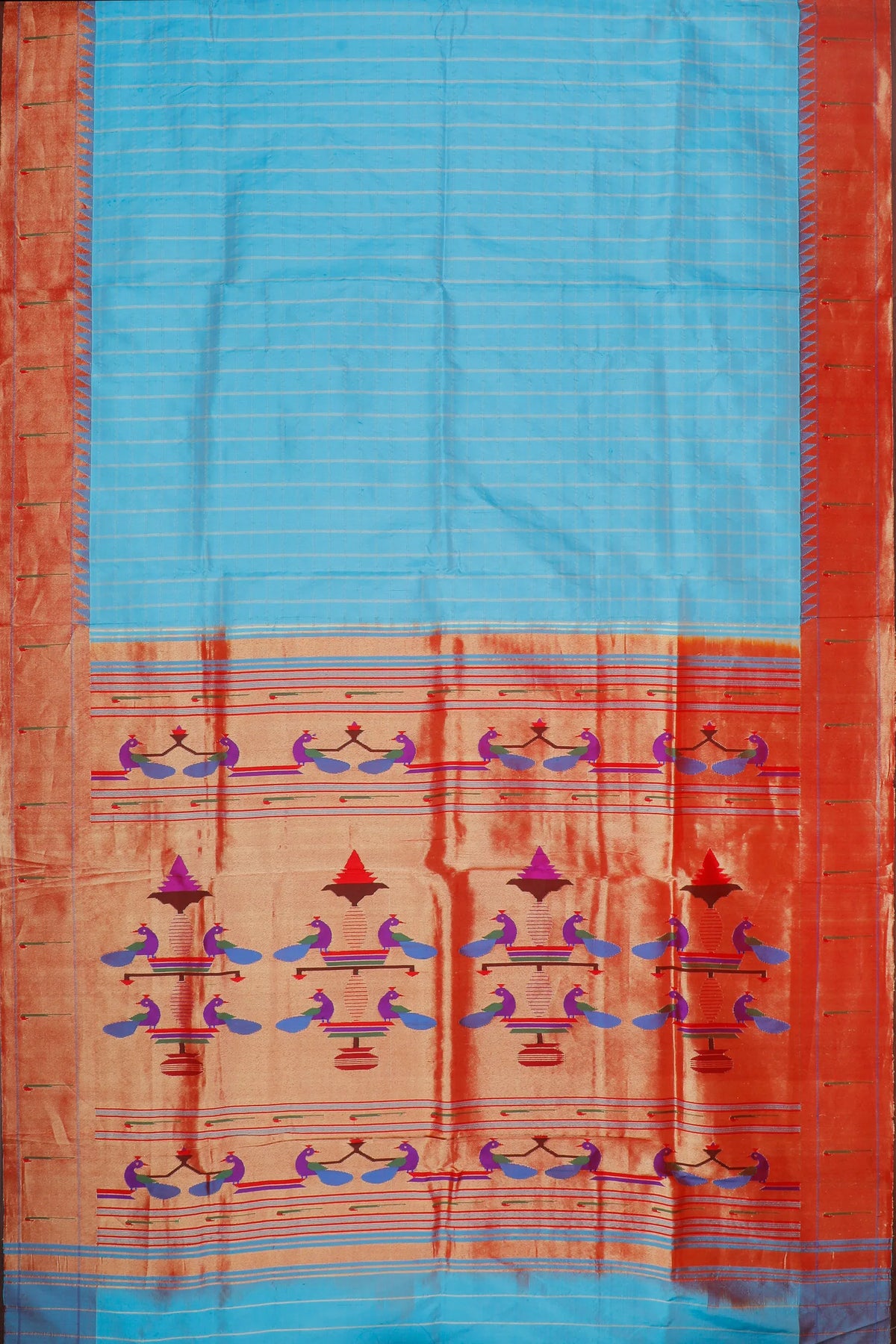 Sky Blue Handloom Pure Silk Muniya Paithani Saree with Checks