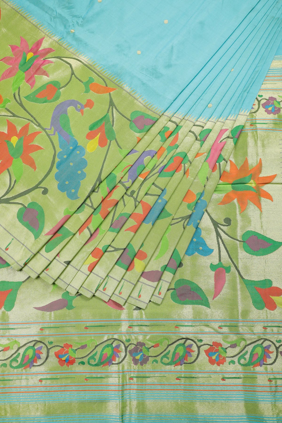 Sea Green Pure Silk Handloom Paithani with Skirt Border
