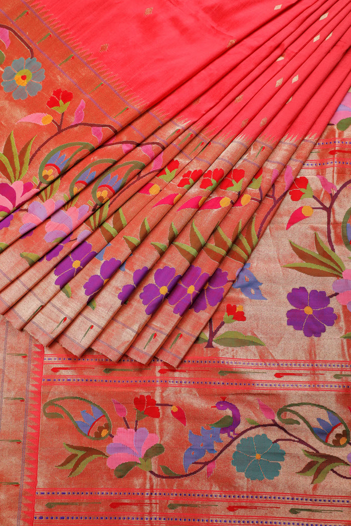 Peach Pure Silk Handloom Paithani with Skirt Border