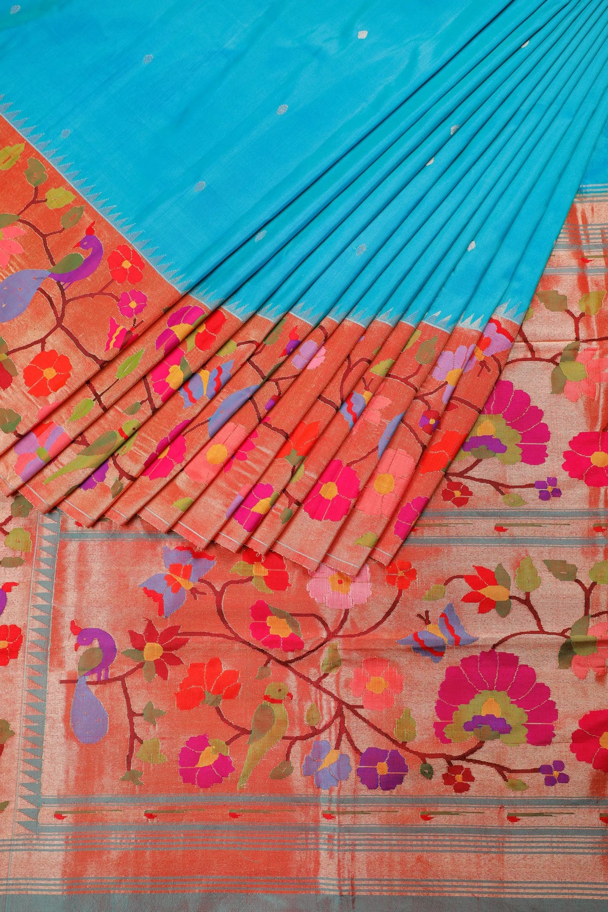 Turquoise Blue Pure Silk Handloom Paithani with Skirt Border