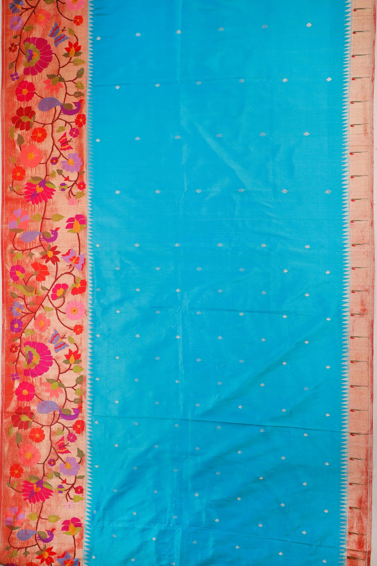 Turquoise Blue Pure Silk Handloom Paithani with Skirt Border