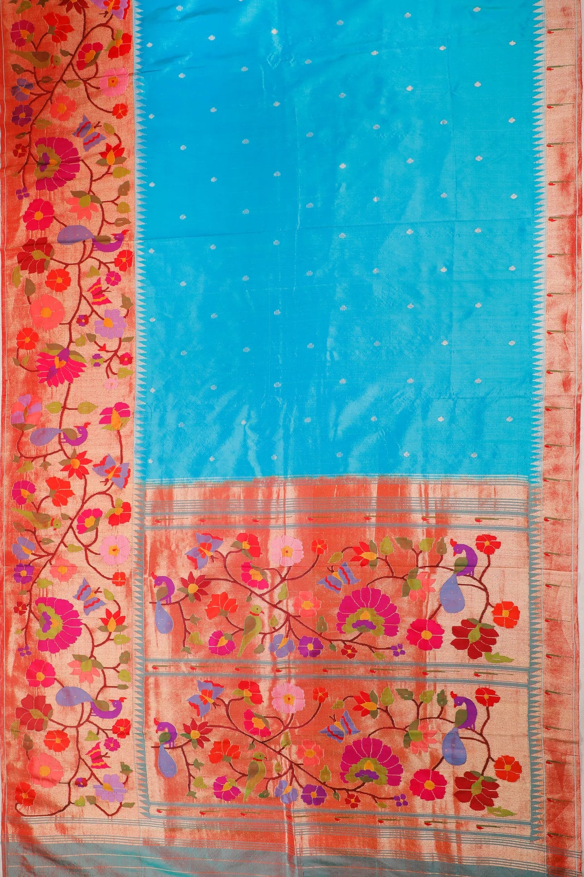 Turquoise Blue Pure Silk Handloom Paithani with Skirt Border