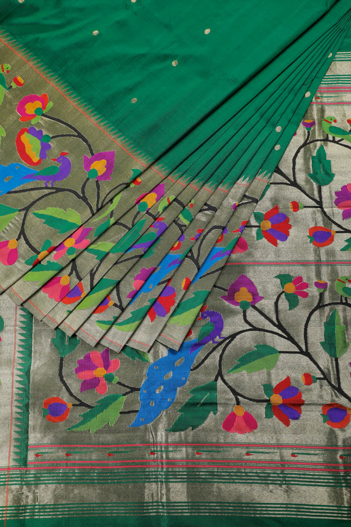 Emerald Green Pure Silk Handloom Paithani with Skirt Border