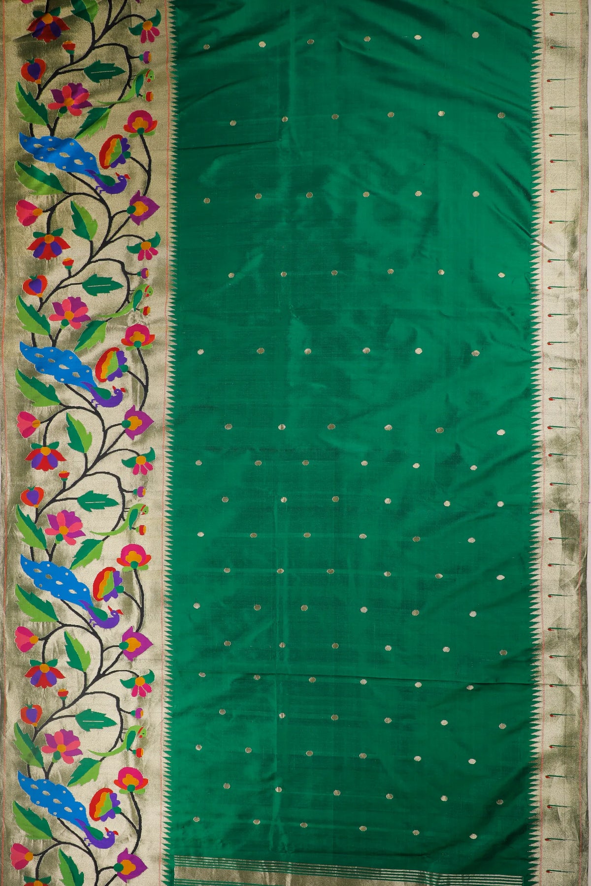 Emerald Green Pure Silk Handloom Paithani with Skirt Border