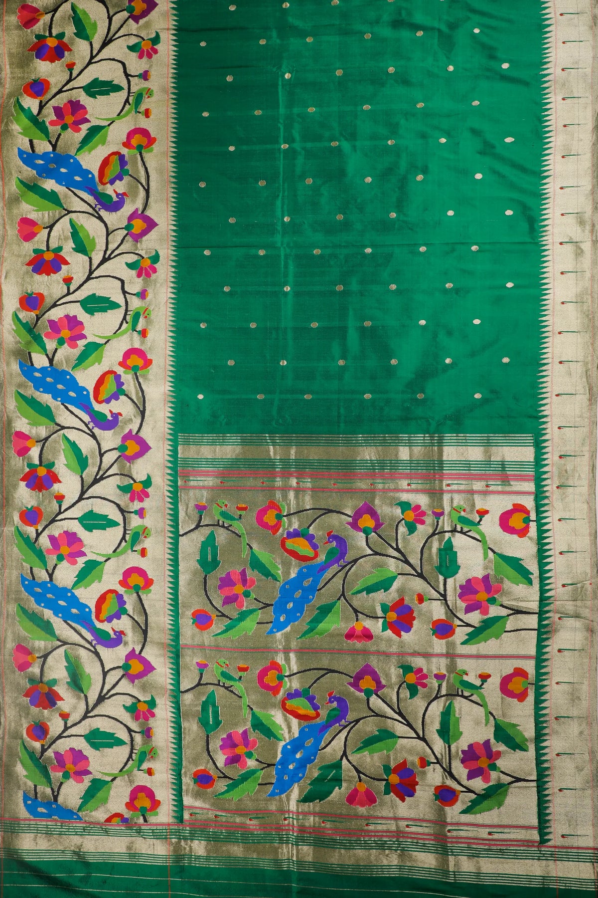 Emerald Green Pure Silk Handloom Paithani with Skirt Border