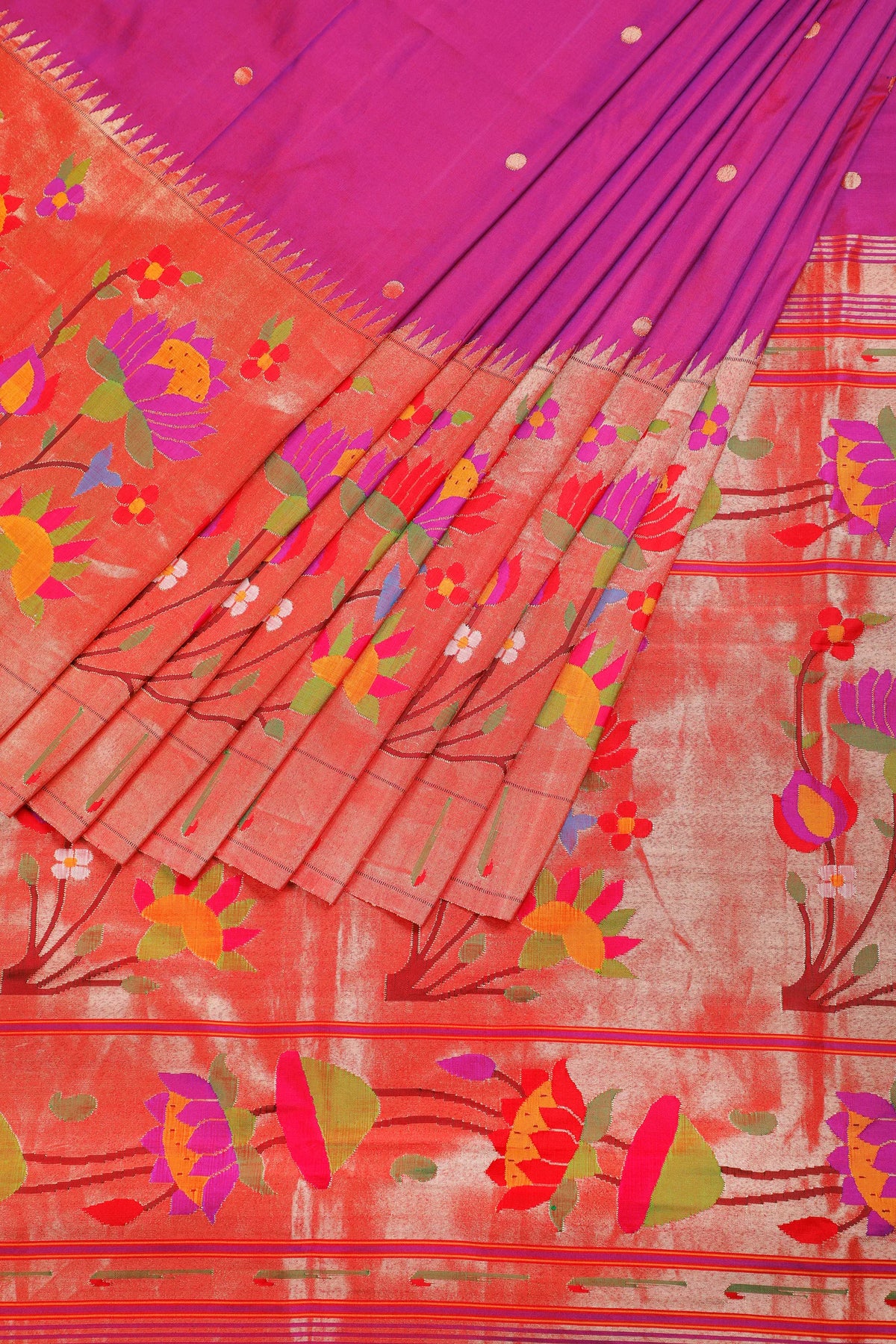 Purple Pure Silk Handloom Paithani with Skirt Border & Lotus Detailing
