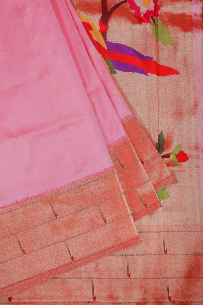 Baby Pink Handloom Pure Silk Muniya Paithani Saree