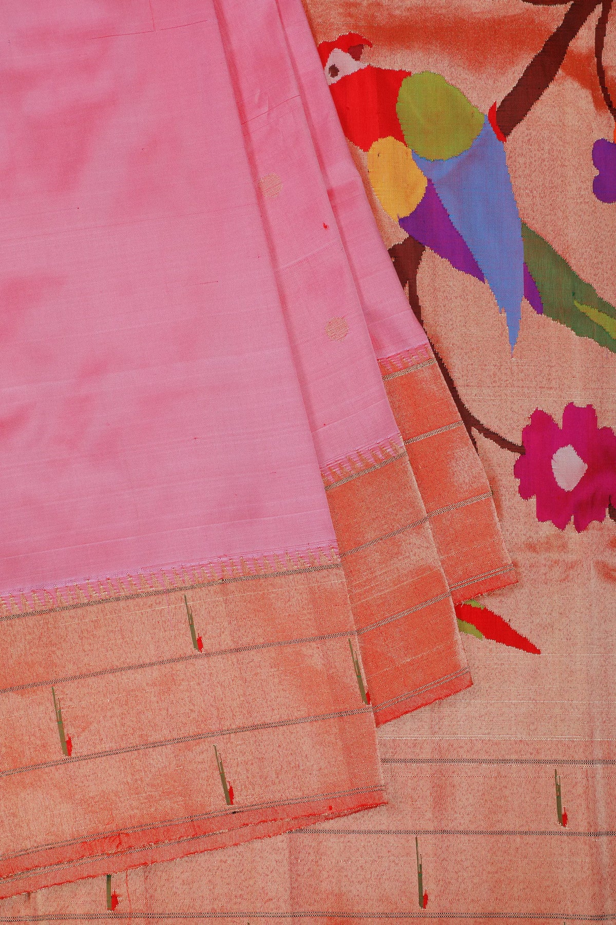 Baby Pink Handloom Pure Silk Muniya Paithani Saree
