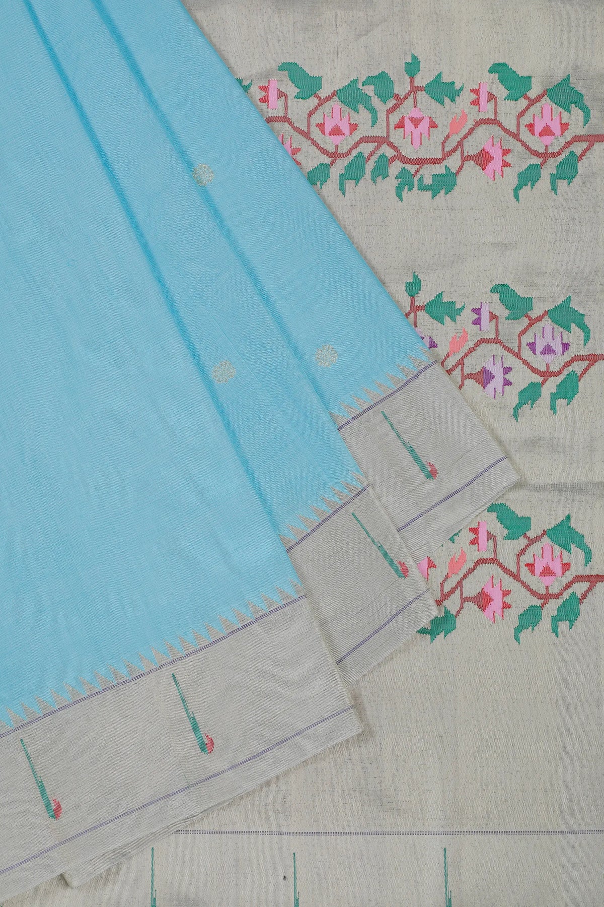 Sky Blue Handloom Pure Silk Muniya Paithani Saree with Asawali Pallu