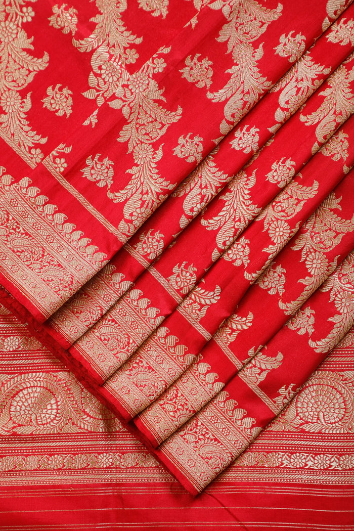 Red and Pink Real Zari Pure Silk Benarasi Saree - Revival Design