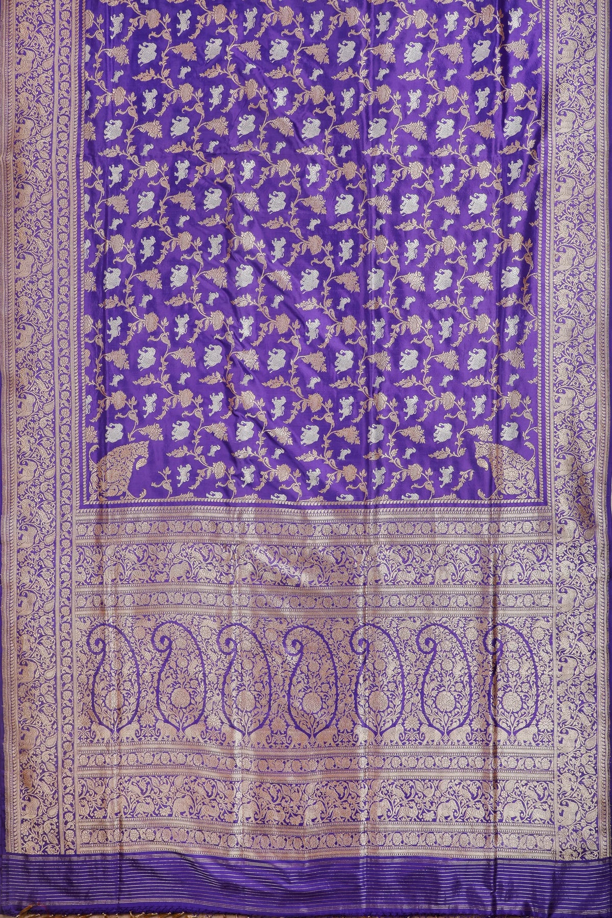 Deep Purple Handloom Real Zari Pure Silk Benarasi Saree - Shikargah Design