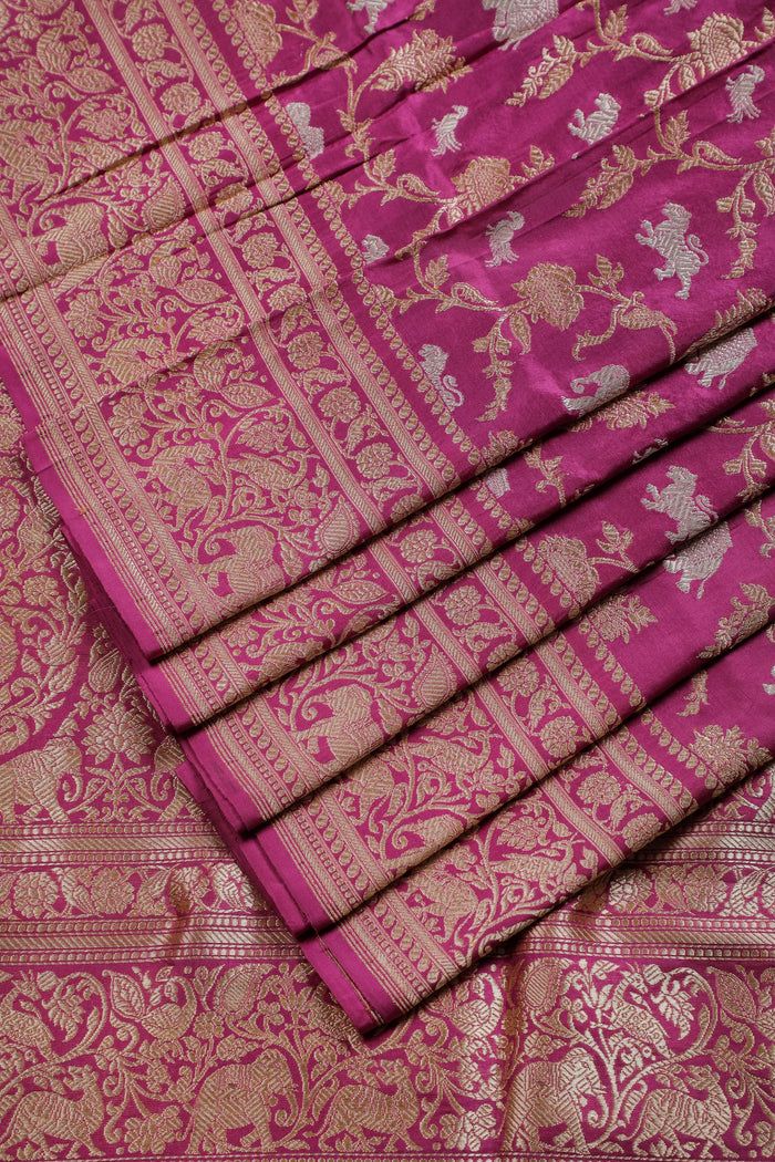 Royal Purple Handloom Real Zari Pure Silk Benarasi Saree - Shikargah Design