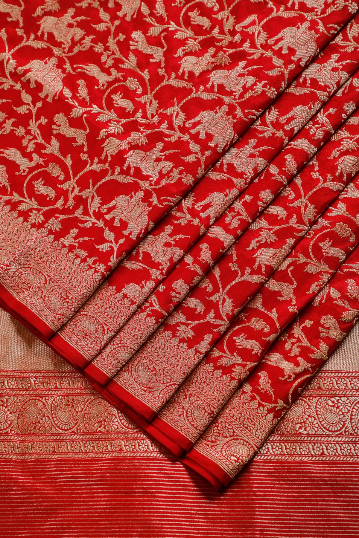 Red Handloom Real Zari Pure Silk Benarasi Saree - Shikargah Design