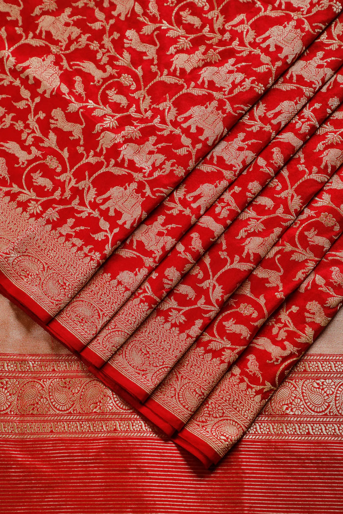 Red Handloom Real Zari Pure Silk Benarasi Saree - Shikargah Design