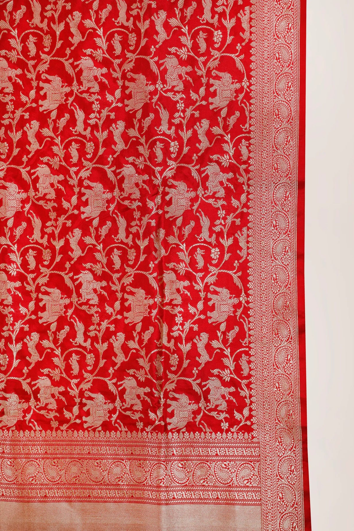 Red Handloom Real Zari Pure Silk Benarasi Saree - Shikargah Design