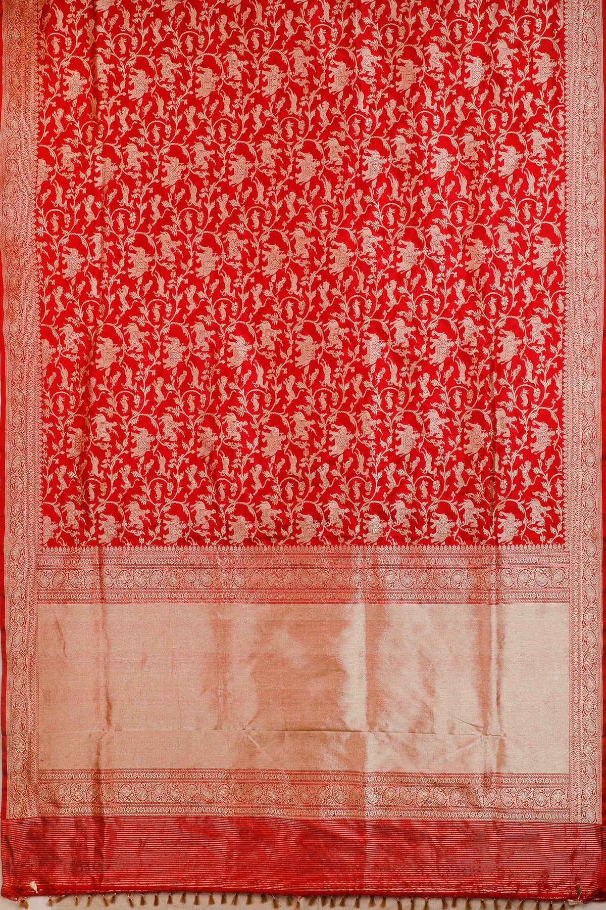 Red Handloom Real Zari Pure Silk Benarasi Saree - Shikargah Design