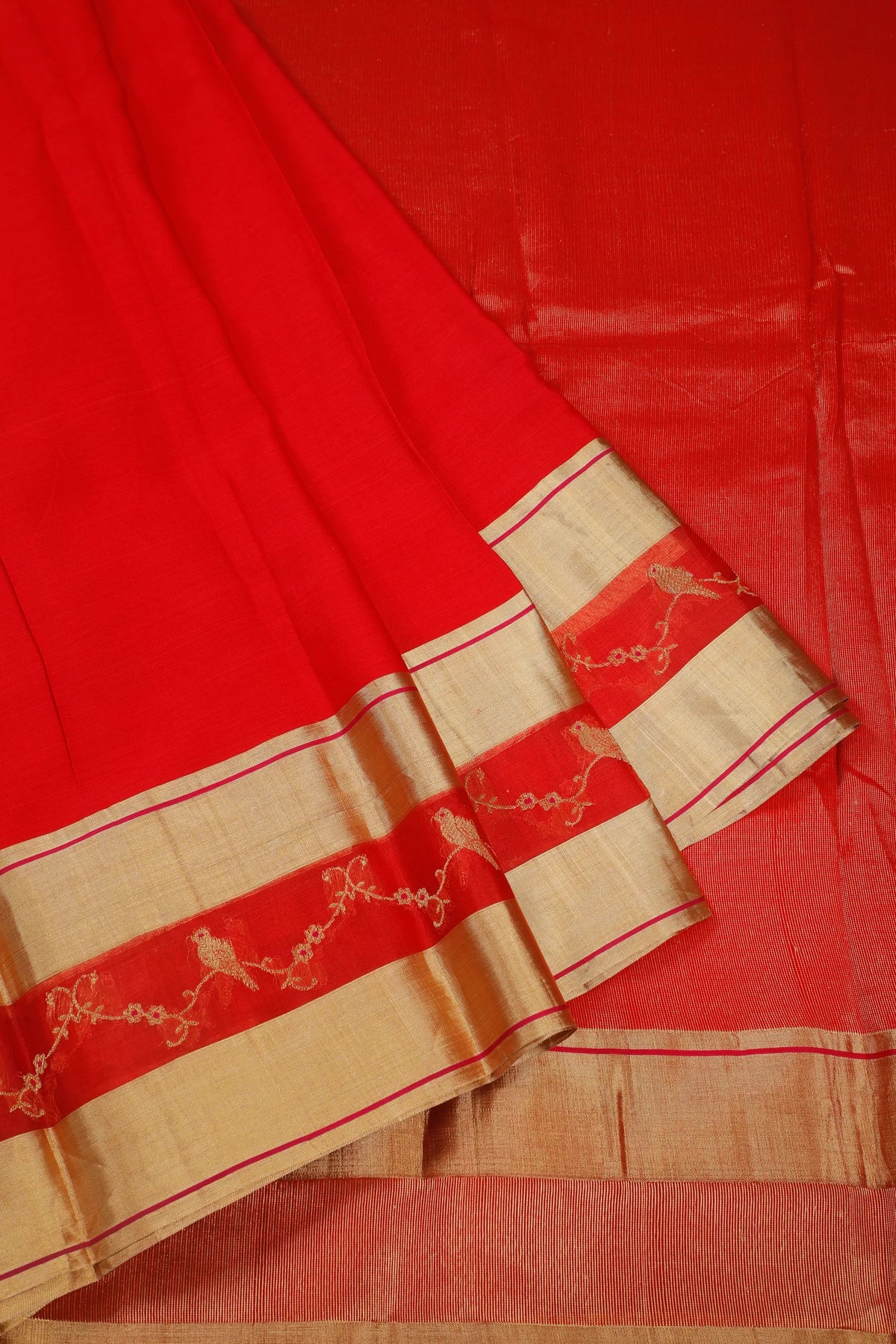 Red Handloom Katan Silk Chanderi by Cotton Saree