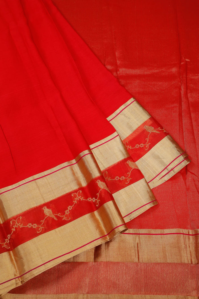 Red Handloom Katan Silk Chanderi by Cotton Saree