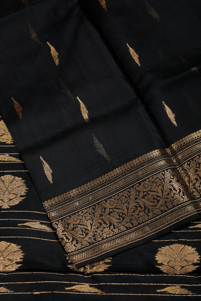Black Handloom Pure Silk Chanderi Saree - detail 2