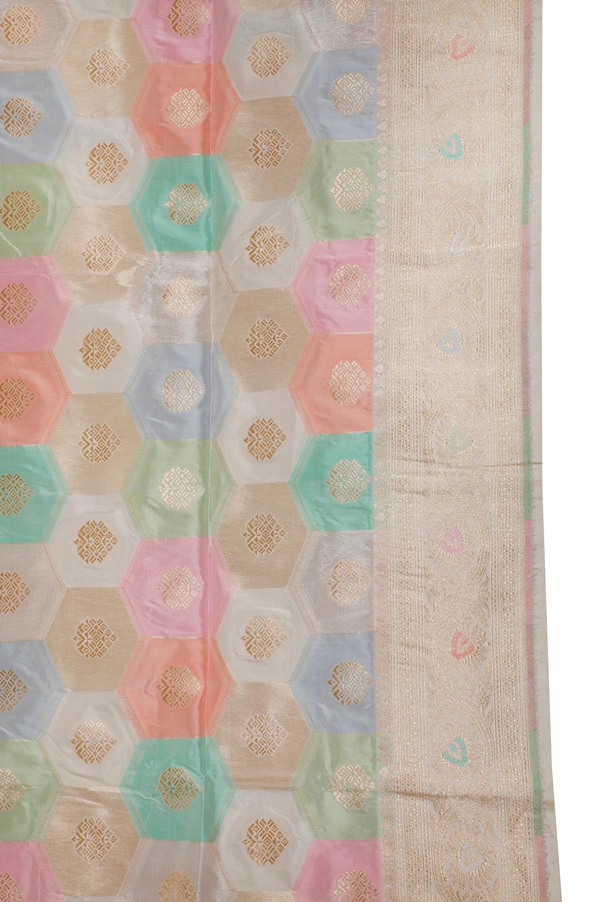 Multicoloured Pastel Handloom Benarasi Pure Silk Rangkat Saree with Small Buttis