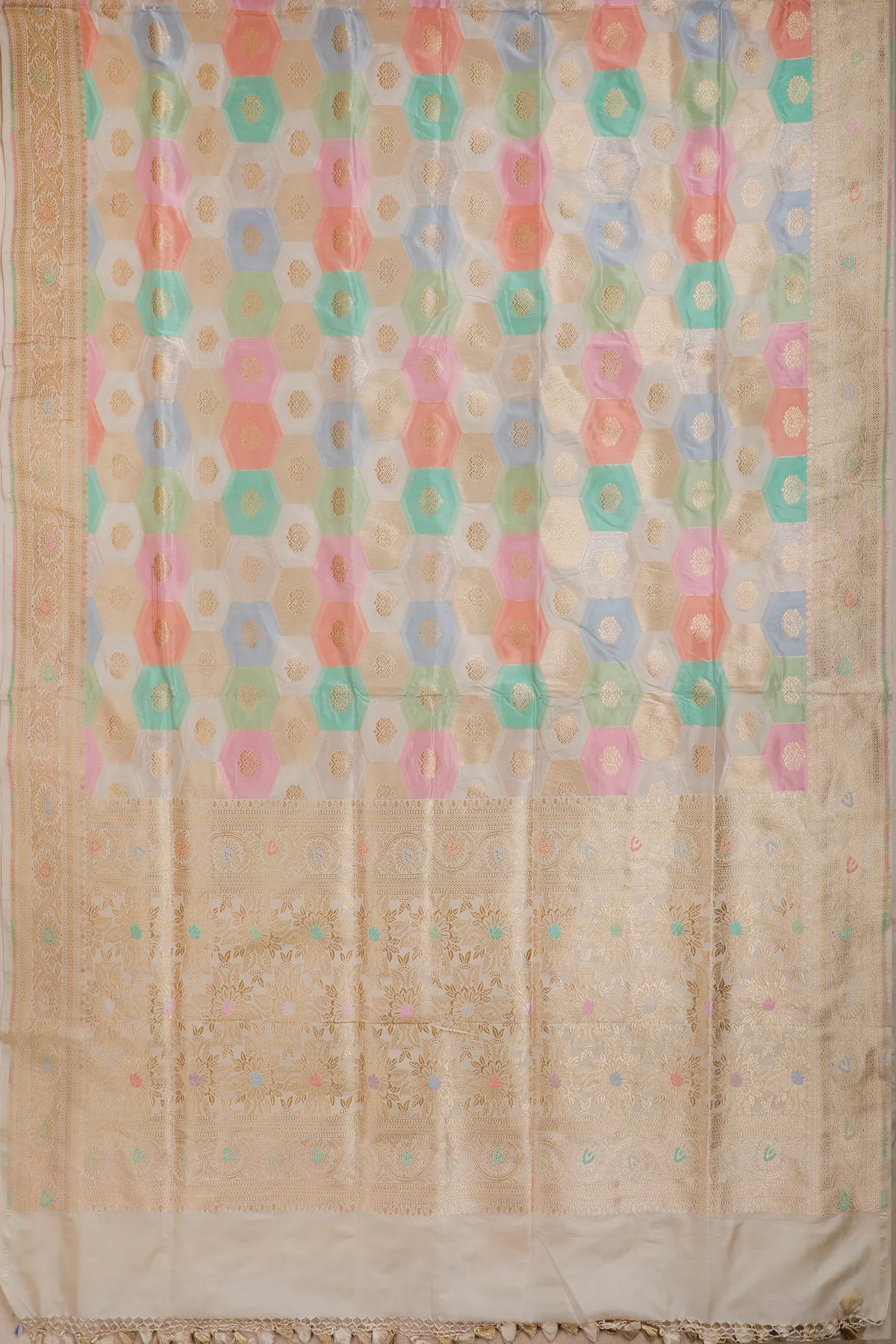 Multicoloured Pastel Handloom Benarasi Pure Silk Rangkat Saree with Small Buttis