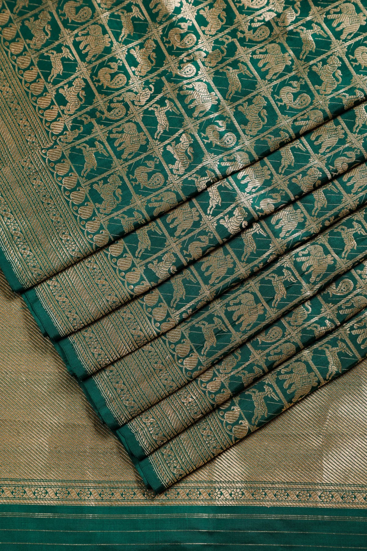 Emerald Green Handloom Benarasi Katan Silk Saree - Shikargah Design with Checks