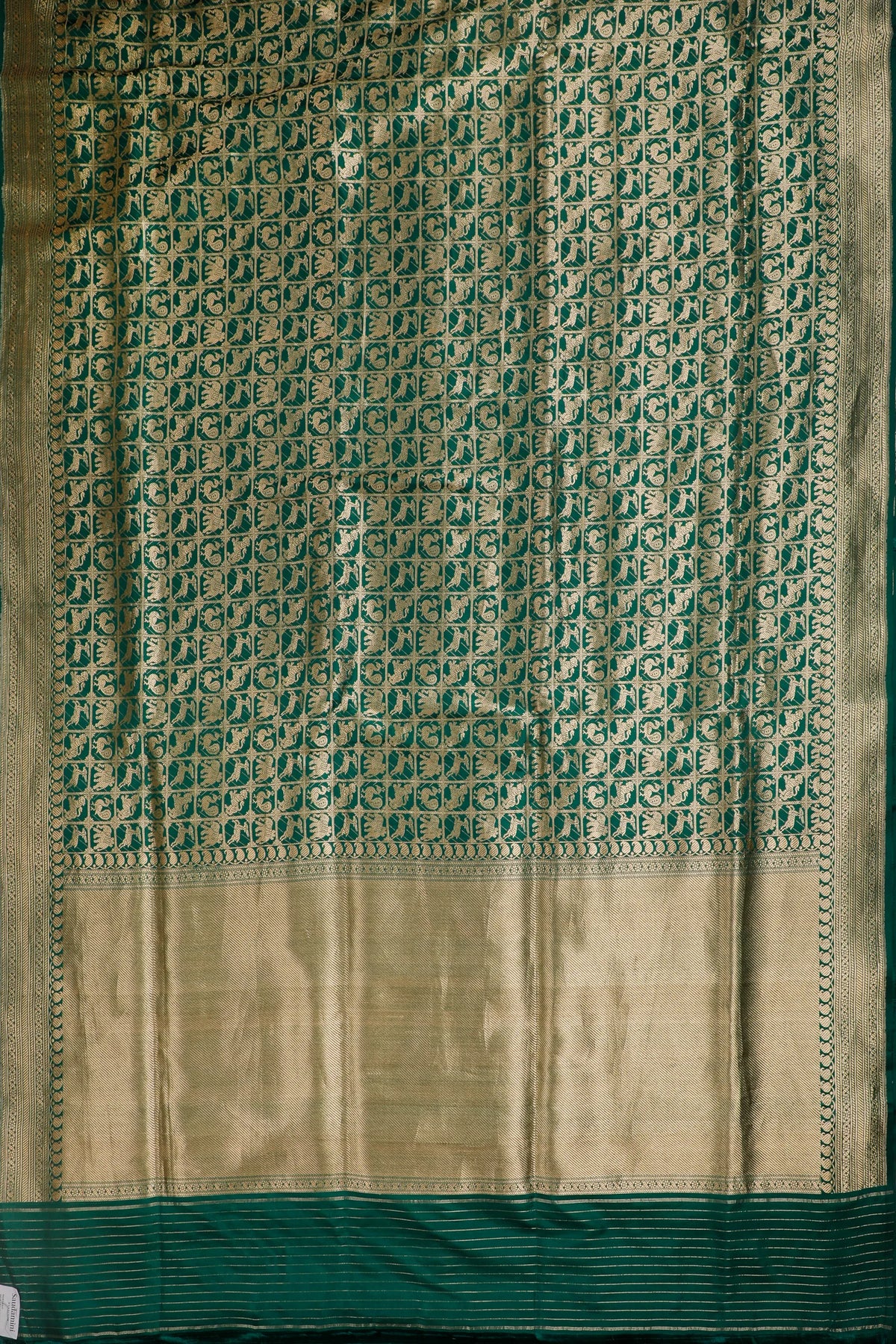Emerald Green Handloom Benarasi Katan Silk Saree - Shikargah Design with Checks
