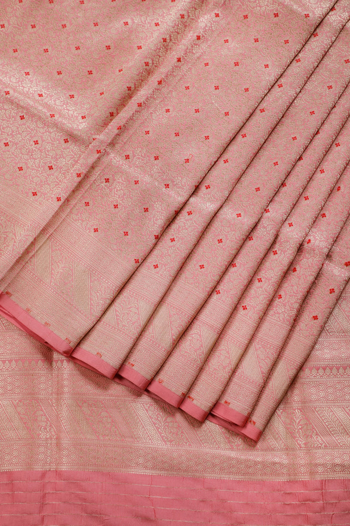 Baby Pink Handloom Benarasi Katan Silk Saree with Red Meenakari Work