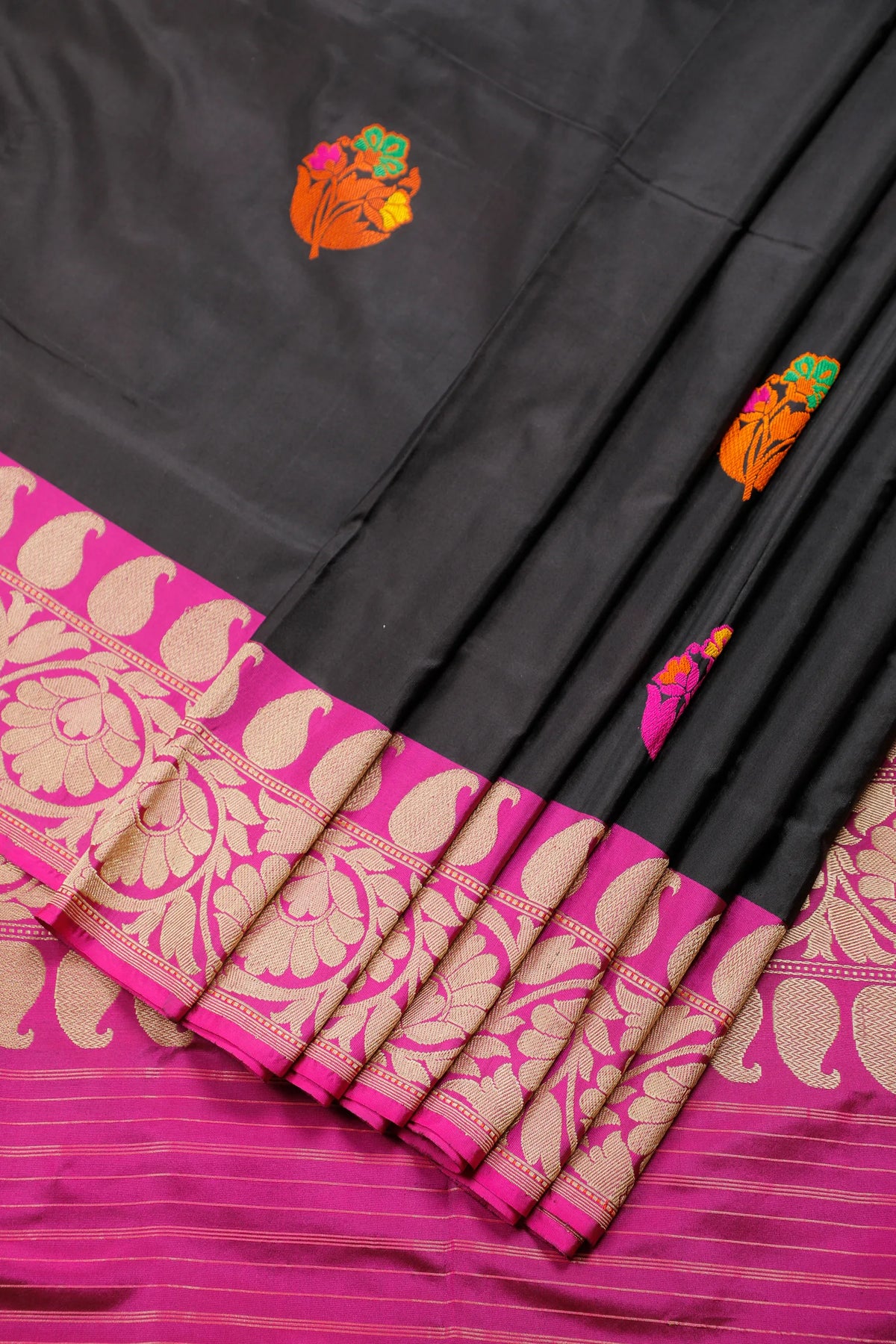 Black Handloom Benarasi Pure Silk Saree with Pink Borders