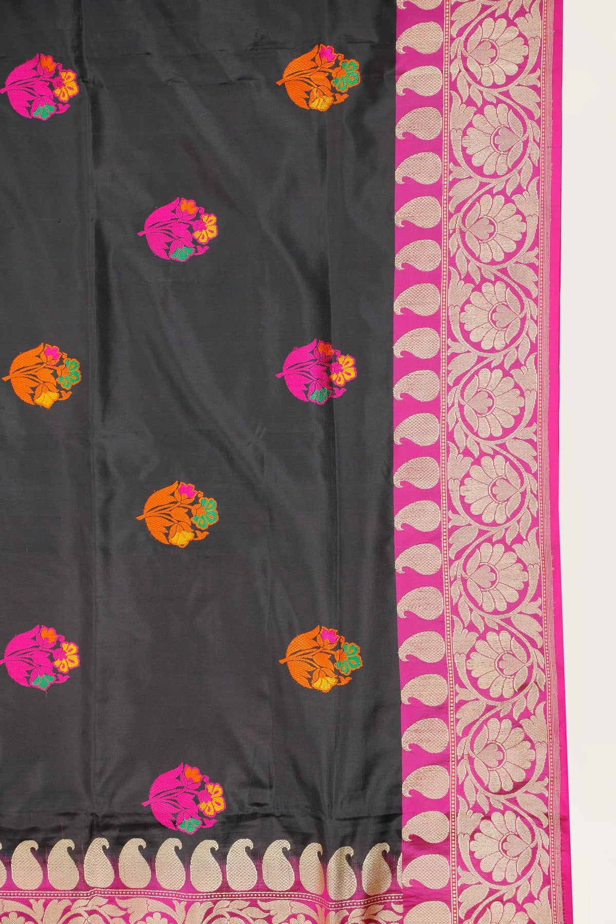 Black Handloom Benarasi Pure Silk Saree with Pink Borders