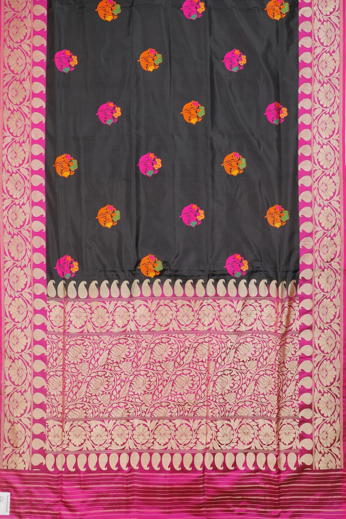 Black Handloom Benarasi Pure Silk Saree with Pink Borders