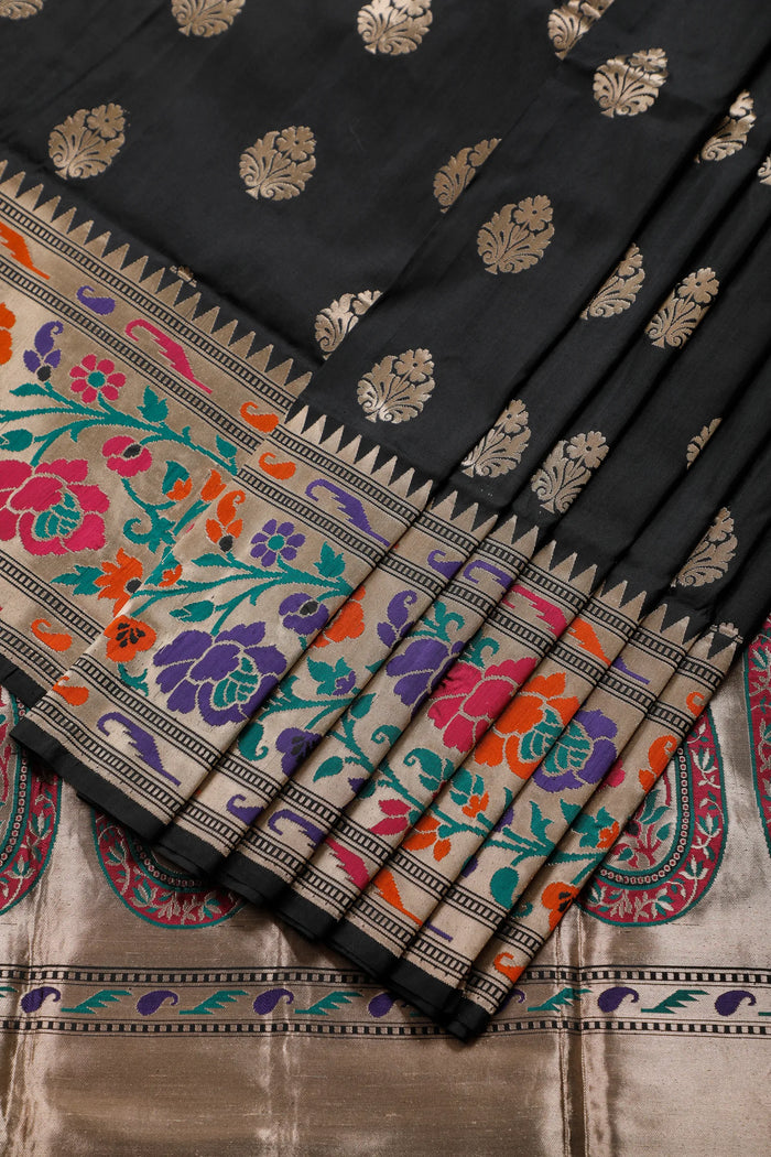 Black Handloom Benarasi Pure Silk Saree with Multicoloured Meenakari